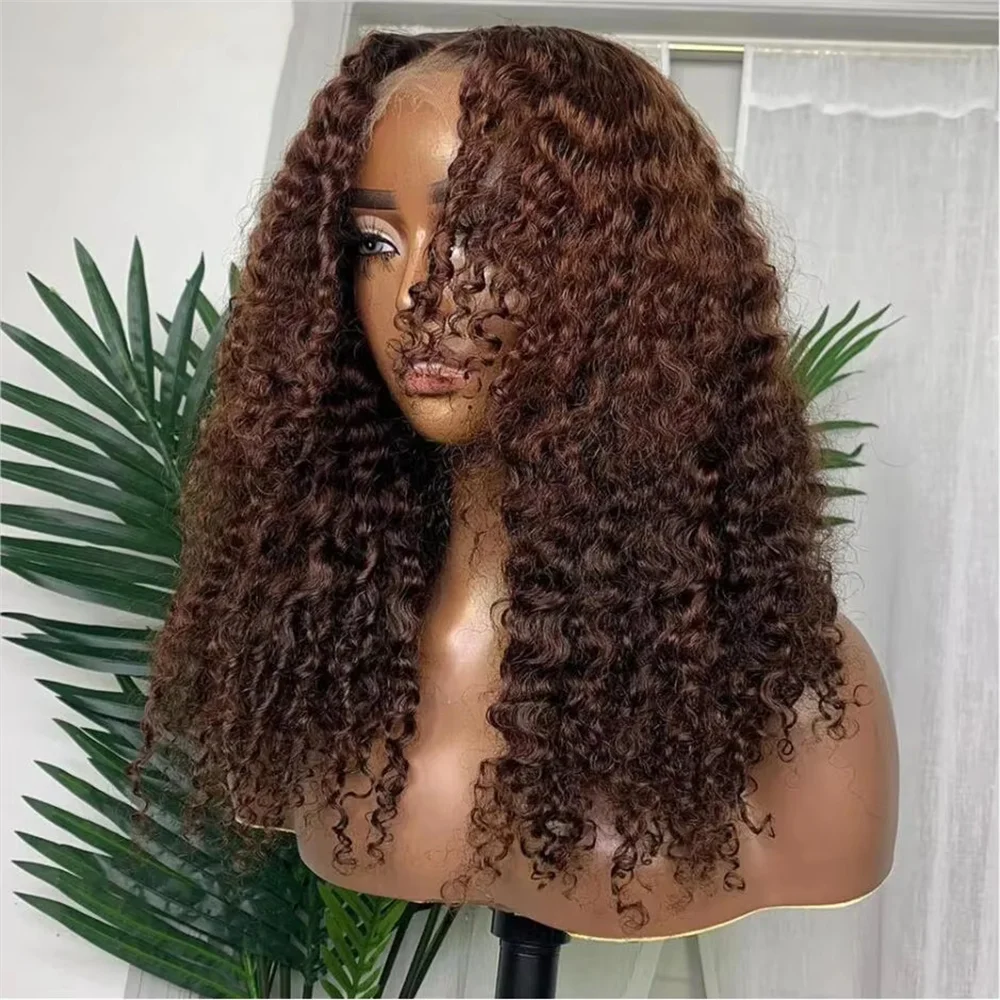 Soft Glueless 180Density Dark Brown 26inch Long Kinky Curly Deep Lace Front Wig For Women With Baby Hair Preplucked Daily