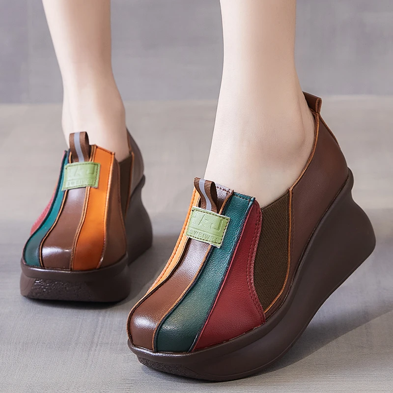 GKTINOO 2024 Spring Retro Women Genuine Leather Shoes Mixed Color Wedges Heels Shoes Thick Sole Casual Ladies Platform Shoes