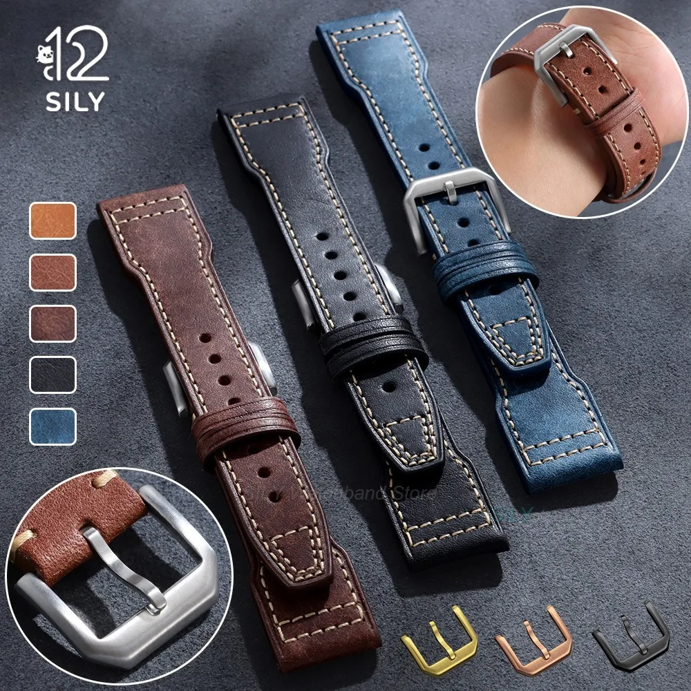 20mm 21mm 22mm Vintage-Stil Universelles Leder-Uhrenarmband für IWC Pilot Mark Rindsleder-Uhrenarmbänder Braun Blau Schwarz Herren-Armband