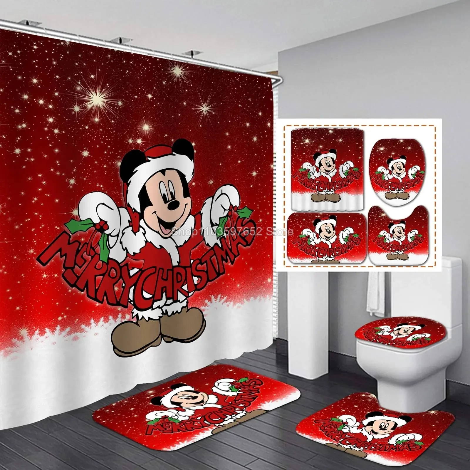 Cute Mickey Minnie 4Pcs Shower Curtain Set with Non-Slip Rugs Toilet Lid Cover Bath Mat Waterproof Bathroom Curtain with Hooks