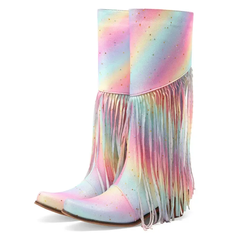 

Bright Colorful Rainbow Design Party Pink Women Chunky Heels Shoes Mid-calf Western Cowboy Glitter Boots With Fringes Tassels