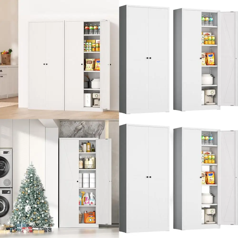

Высокий кухонный шкаф-пенал 63 дюйма с 2 дверцами и 4 полками, металлический, для дома, кухни, гостиной/столовой - белый