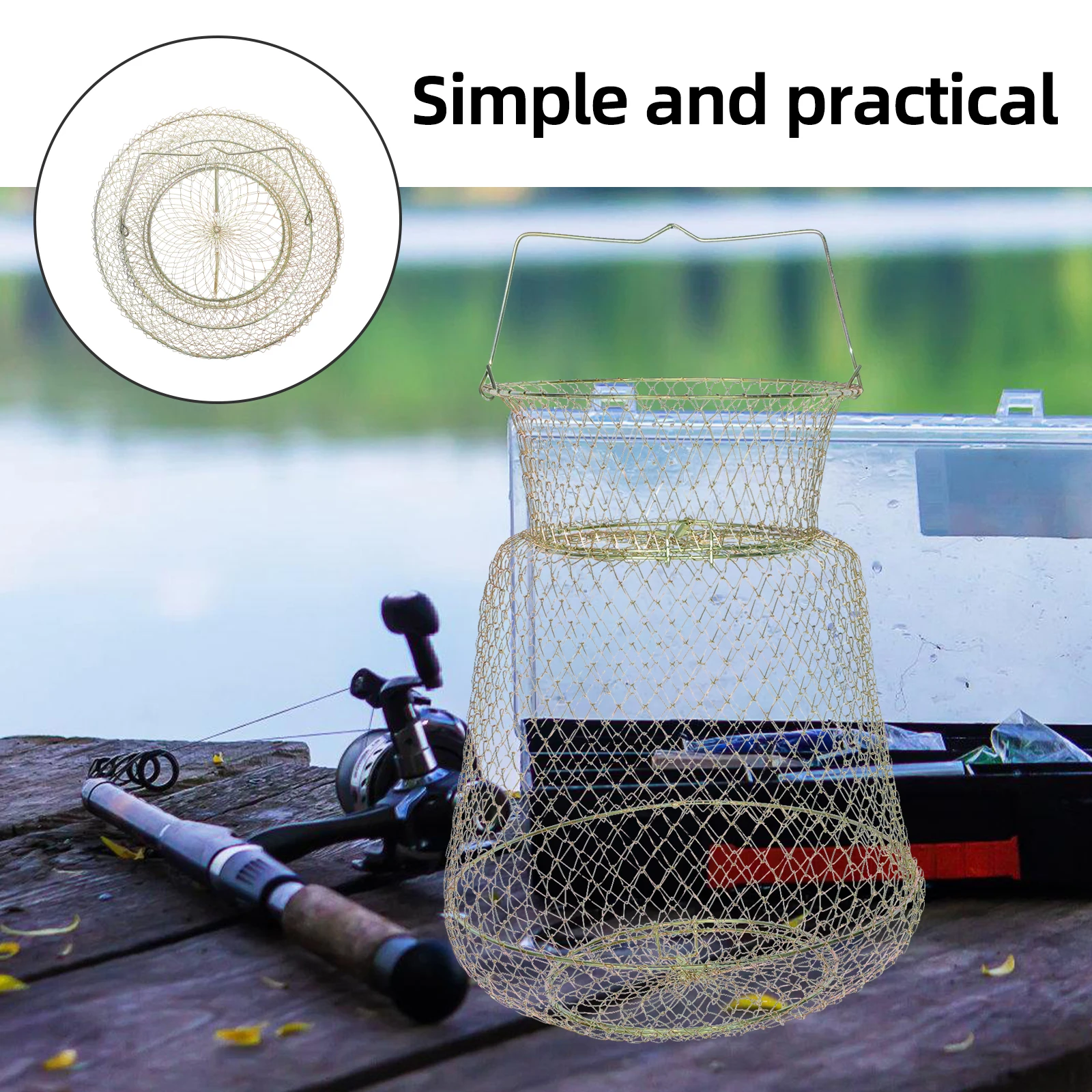 

Wire Fish Basket Cage Collapsible Fishing Net Galvanized Iron Bait Buckets for Saltwater