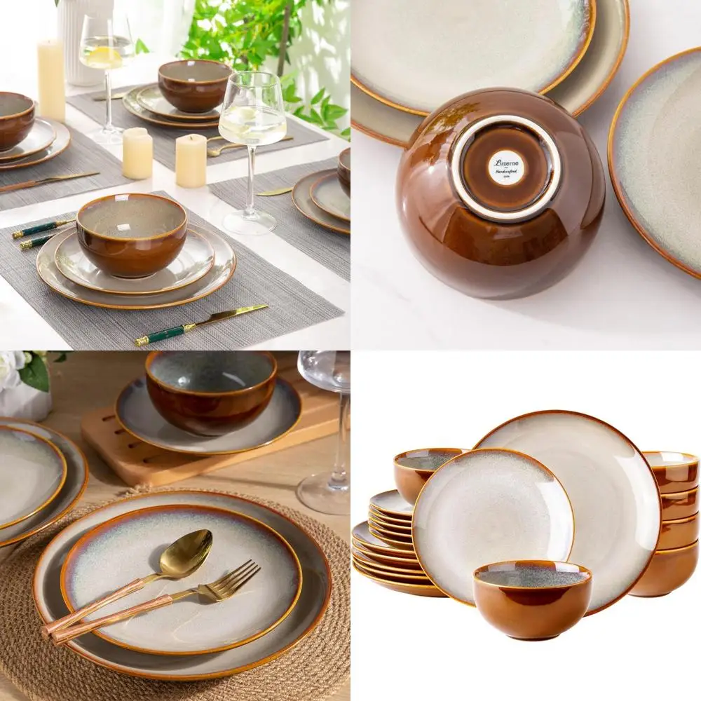 

Набор посуды на 6 персон, 18 предметов: тарелки и миски ручной работы с реактивной глазурью, прочные, подходят для духовки, посудомоечной машины и микроволновой печи.