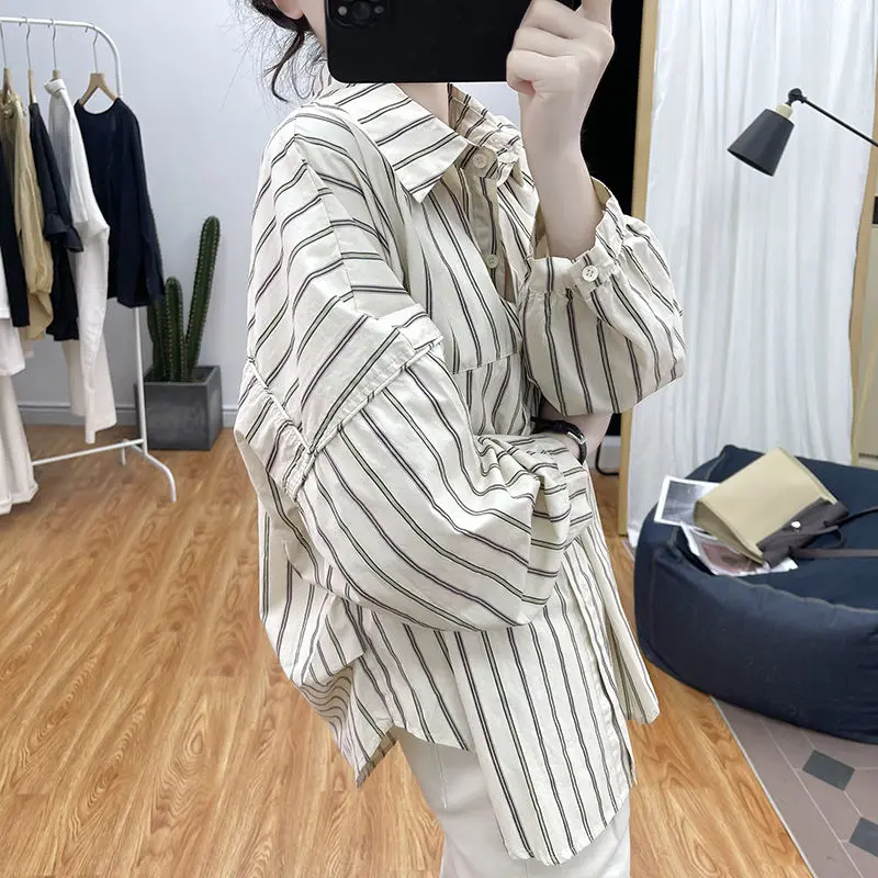 2024 Autumn Women Vintage Striped Lapel Button Up Shirt Casual Streetwear Long Sleeve Blouse Trendy Cotton Loose Irregular Tops