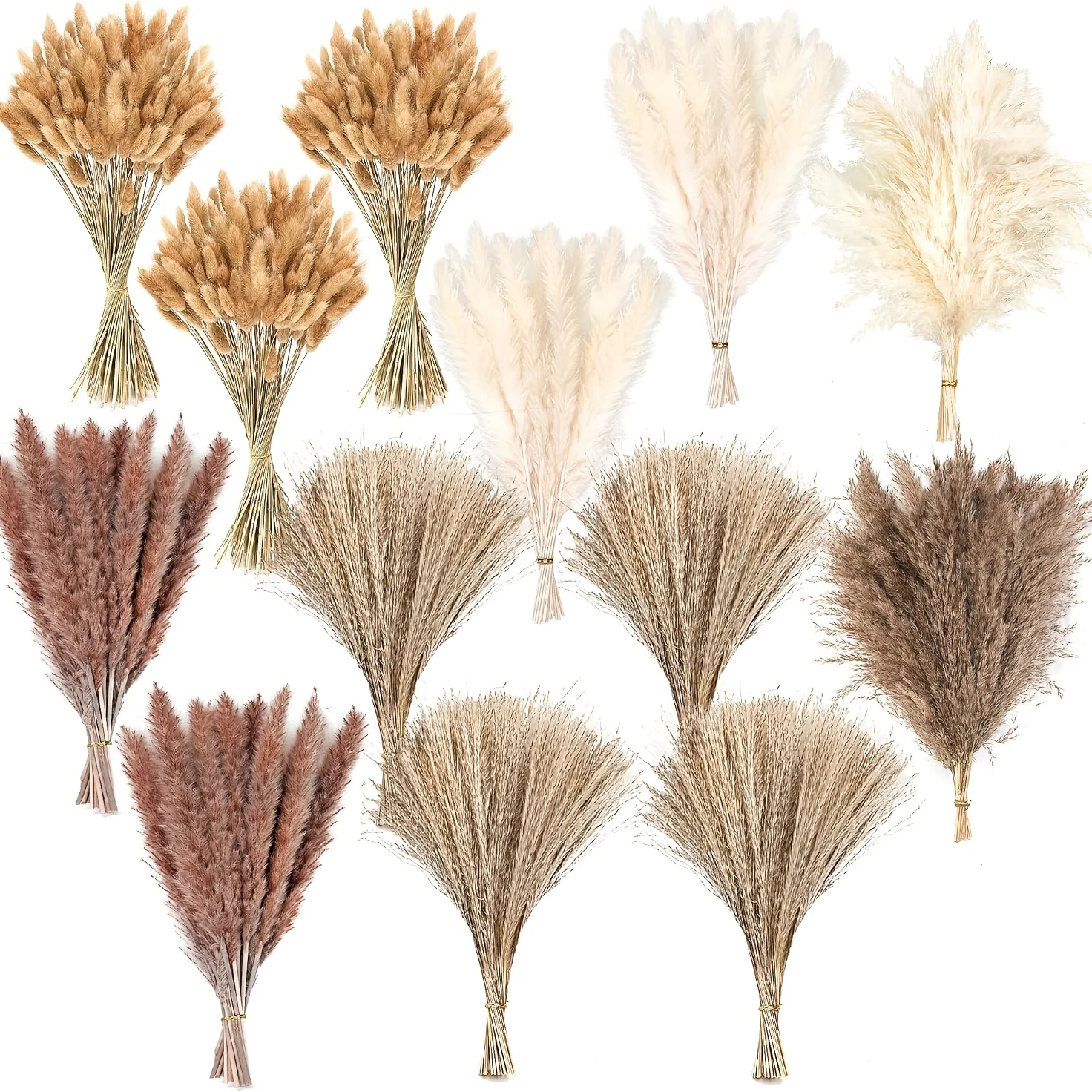 300 pièces de bouquet de fleurs séchées : herbe de la pampa duveteuse, queues de lapin, roseaux pompeux. Décoration bohème pour la maison, vase, mariage, festivals et fêtes.