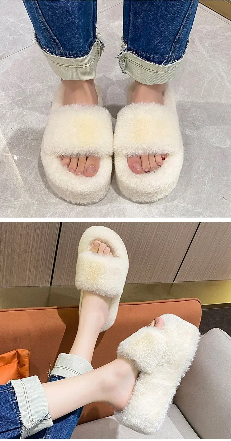 Hausschuhe aus Plüschfell, Flauschige Flip-Flops, Luxuriöse Slip-On-Plateau-Schuhe für Damen, Modeschuhe 2024, Zapato De Mujer Designer – Detail 7