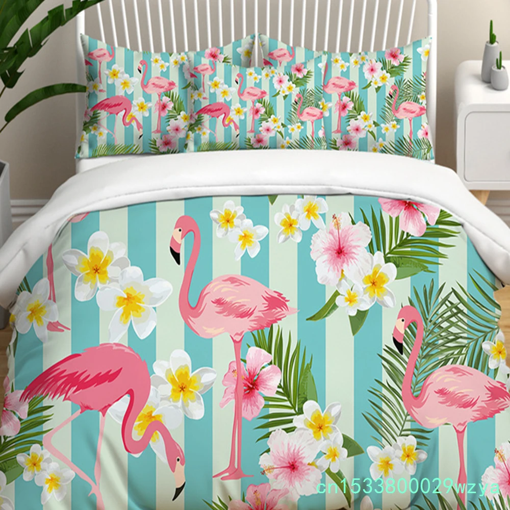 Modern Flamingo Pineapple Print Bedding Set Queen Tropical Plants Leaves Flowers Duvet Cover Hawaiian Islands Floral Pillowcases