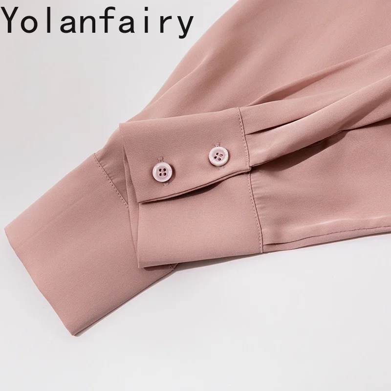 YOLANFAIRY 93% Mulberry Silk 7% Spandex Women Shirts Elegant Office Wear Woman Long Sleeve Top Shirt Korean Fashion Shirts Dames