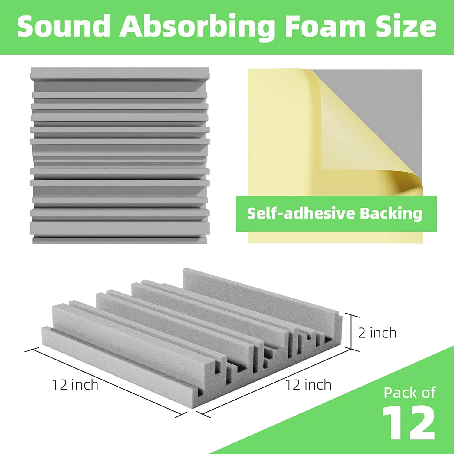 12 Pack Self-Adhesive Sound Proof Foam Panels,12 x 12 x 2 Inches Acoustic Foam,for Wall,Home,Studio