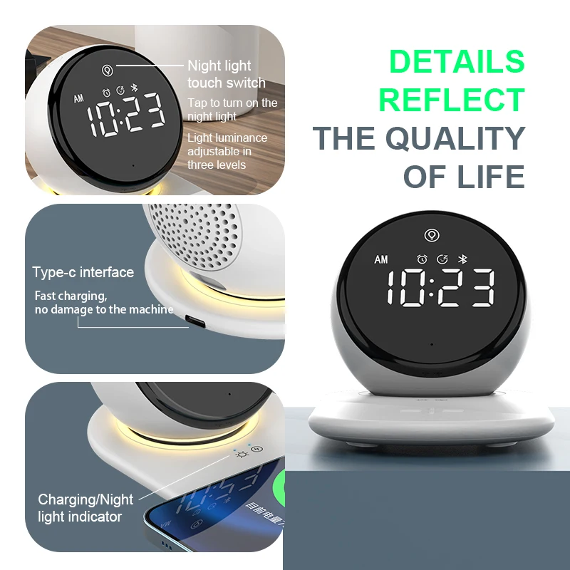 

smart multifunctional 15W fast wireless charger with speaker alarm clock night light for sleep bedroom