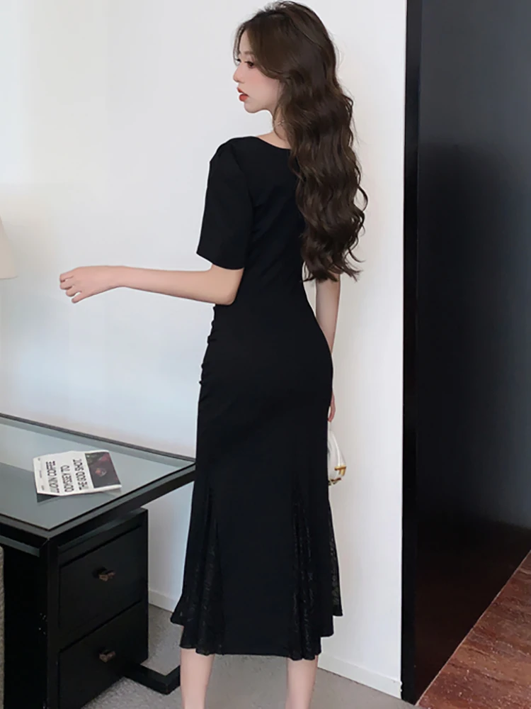 Summer Black Short Sleeve Elegant Slit Mesh Long Dress Women Korean Vintage Elegant Ruffled Dress 2024 Fashion Chic Hepburn Robe