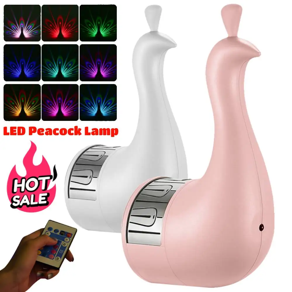 LED Peacock Projection Lamp with Remote Control Atmosphere Peacock Wall Lamp Bedroom Bedside Lamp for Home Room Wall Decor