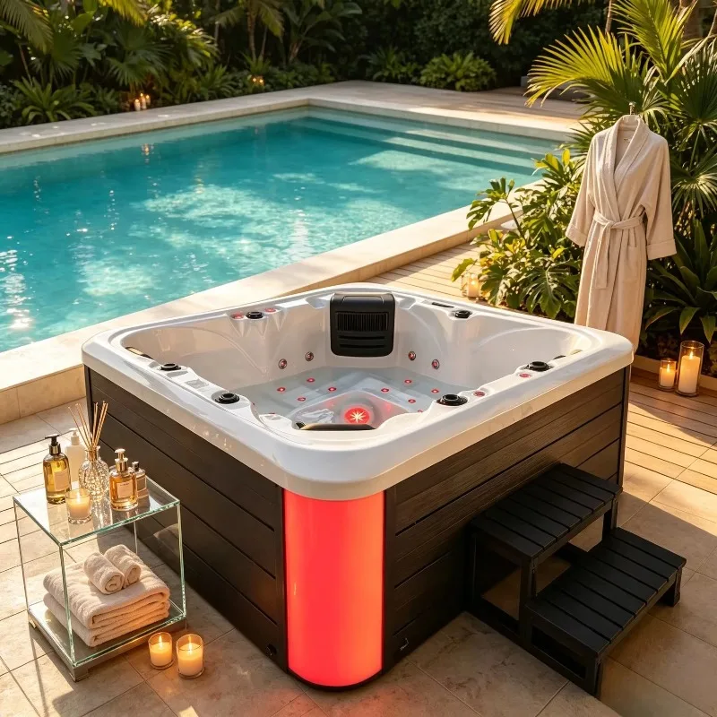 Outdoor 5 Person Whirlpool Hot Tub Freestanding Square Acrylic Massage JaKuzzier With LED Light Air Jet System For Villa Hotel