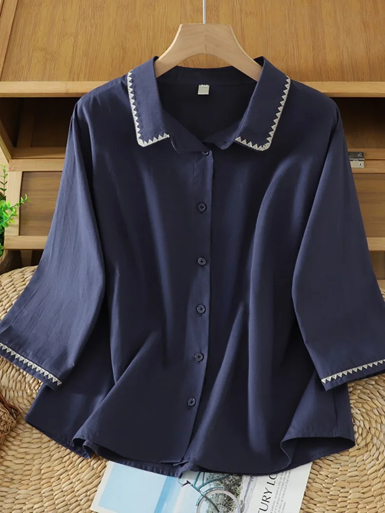 

Retro Embroidered Lace Cotton Linen Women's Shirt Three Quarter Sleeve Turn-down Collar Summer Design Anti-aging Outerwear