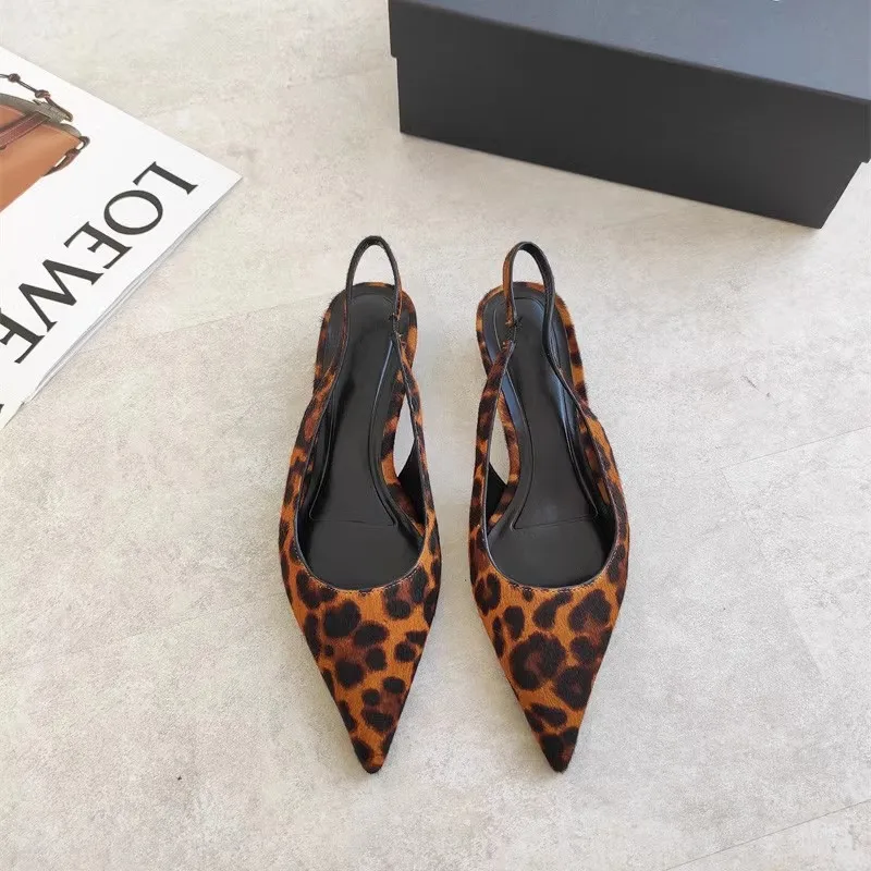 Mrxmus Dutit 2024 Women Summer Fashion Horsehair Leopard Print Sharp Pointed Low Heels Sandals Elegant Temperament Shoes Female