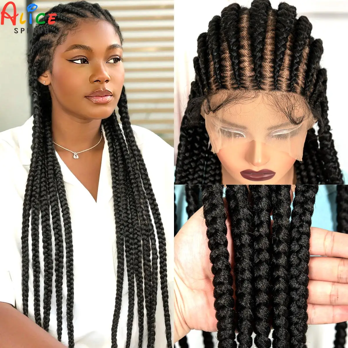 32In Full Lace Cornrow Braided Wigs Synthetic Braiding Hair Wigs Knotless Lace Frontal Braids Wig with Baby Hair for Black Women