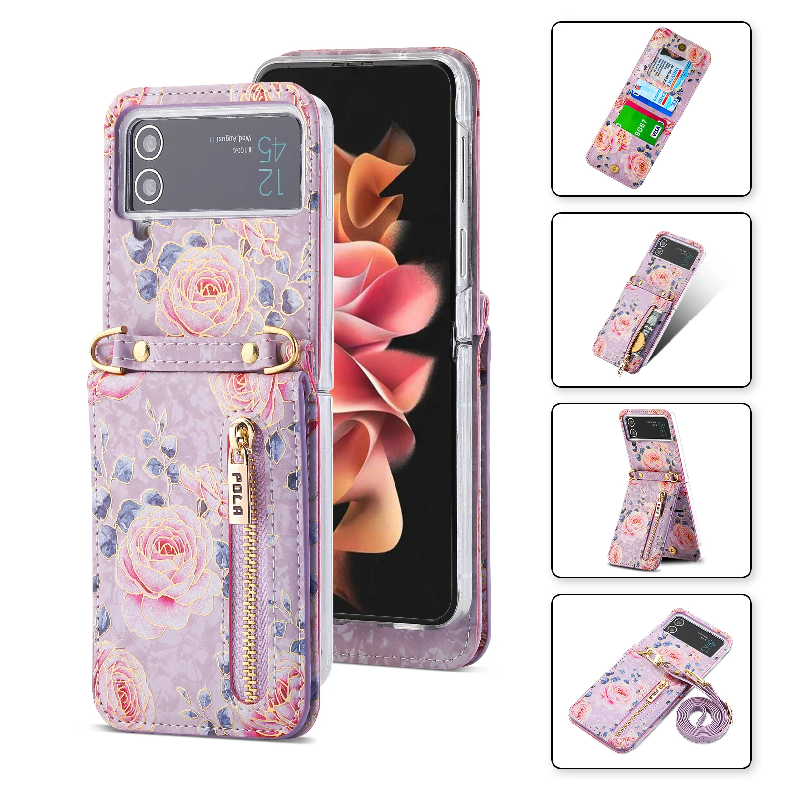 POLA Rose Flower Leather Full Hinge Cover for Samsung Galaxy Z Flip 4 Flip4 Shoulder Strap Backpack Zipper Card Slot Case