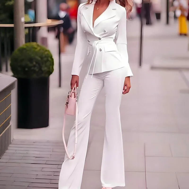 

2026 Two Pieces Women Pant Sets Spring Matching Sets Lace Up Button Pocket Coat Empire Waist Straight Pant Y2k Casual Autumn