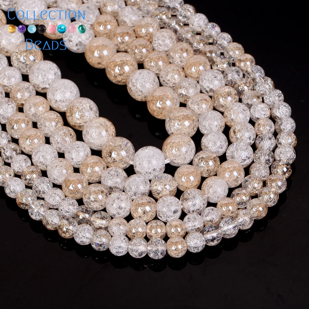 Natural Stone Beads 6 8 10 12mm Champagne Gold Plated Cracked Crystal Round Beads For Jewelry Making DIY Bracelet Necklace 15\'\'
