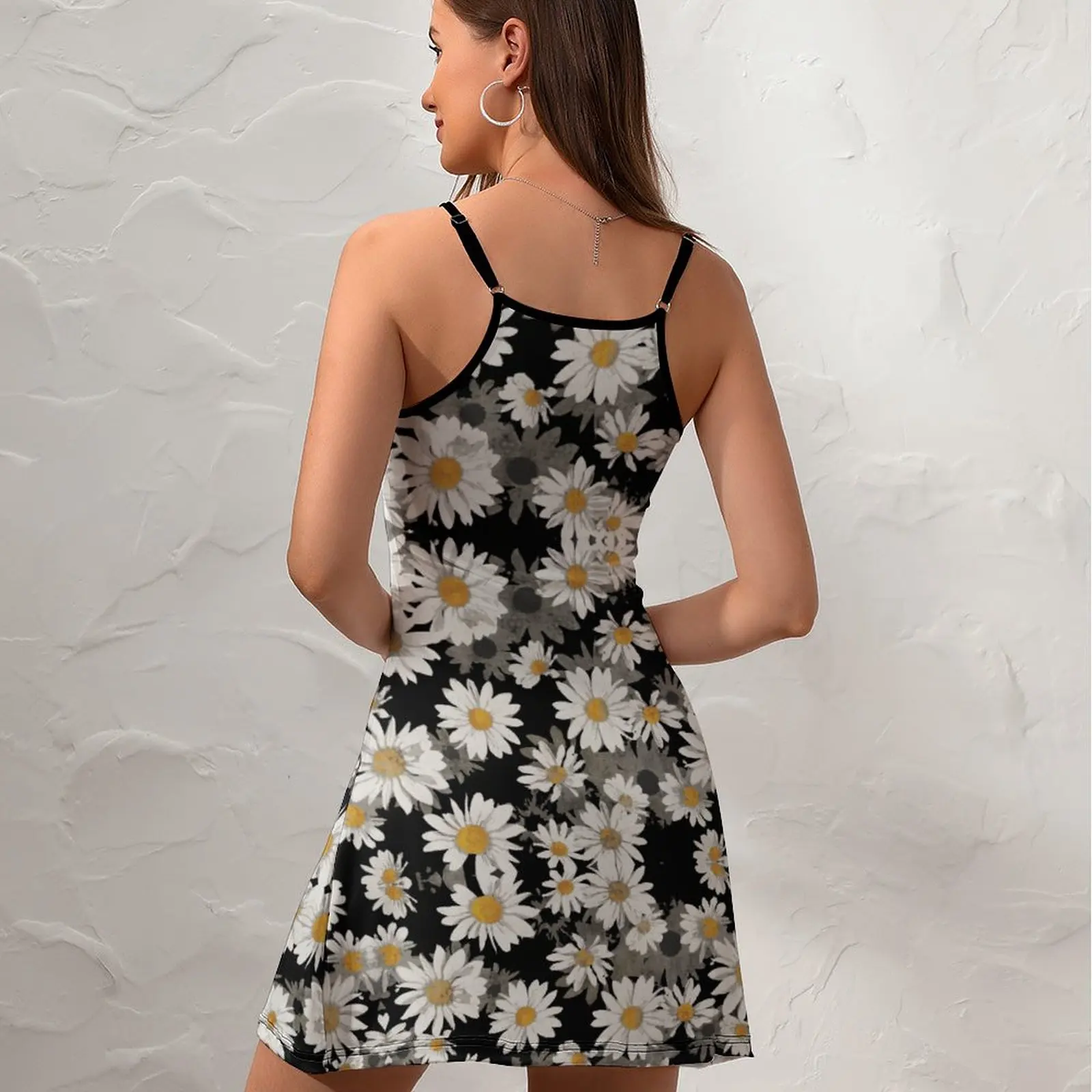 White Daisies on Black Floral Tissue Paper  Women's Sling Dress Funny Geek The Dress Funny Graphic Exotic  Woman's Dress  Vacati