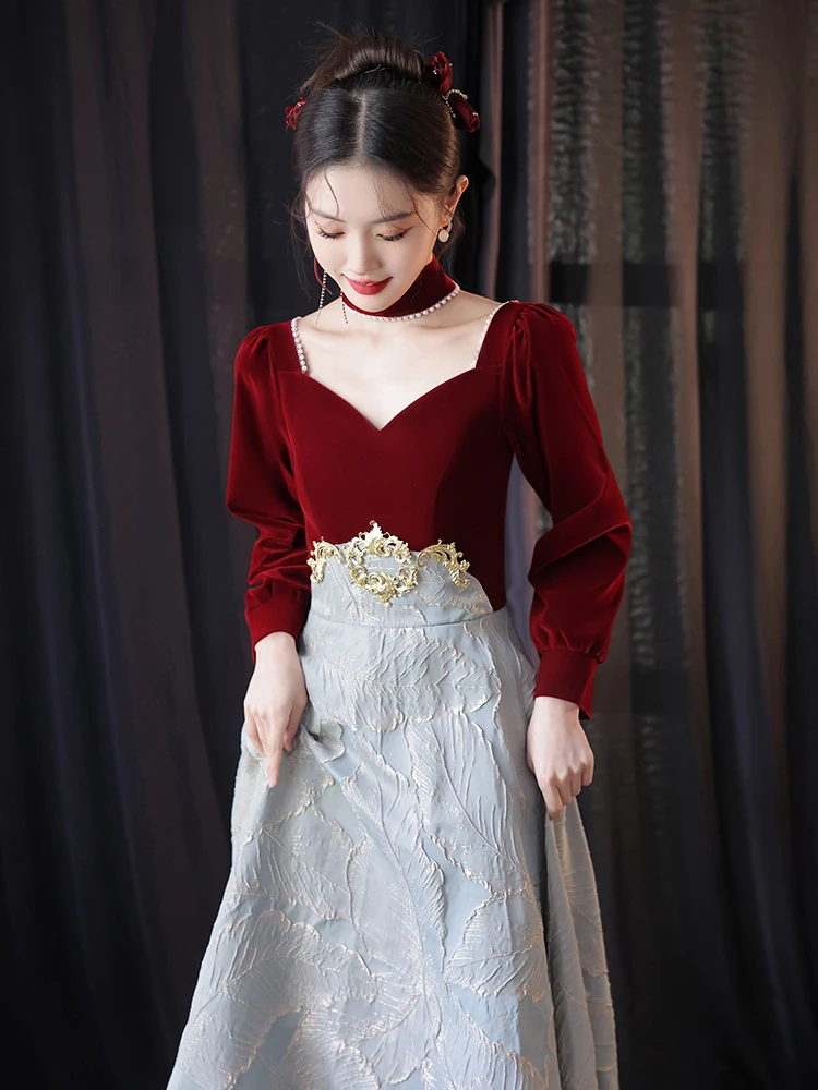 Long sleeve toast dress bridal engagement burgundy evening dress skirt women's 2024 new high-end light luxury niche party