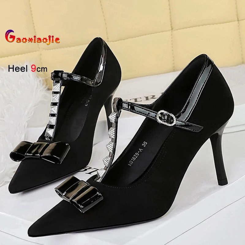 

Женские туфли-лодочки с металлическими цепочками и Т-образным ремешком с острым носком, пикантные туфли на высоком каблуке во французском стиле, замшевые туфли на очень высоком каблуке для банкета и вечеринки