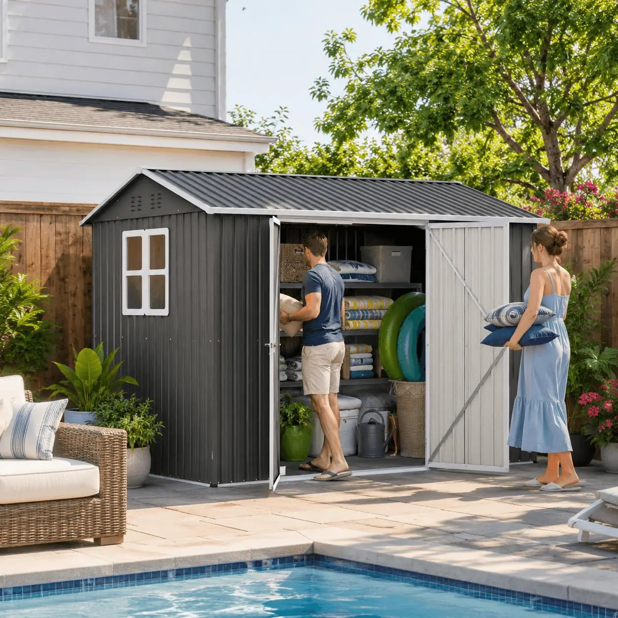 10x8 FT Outdoor Storage Shed Galvanized Steel with Window Lockable Doors & Sloped Roof Patio Lawn Bike Tool Storage, Customized