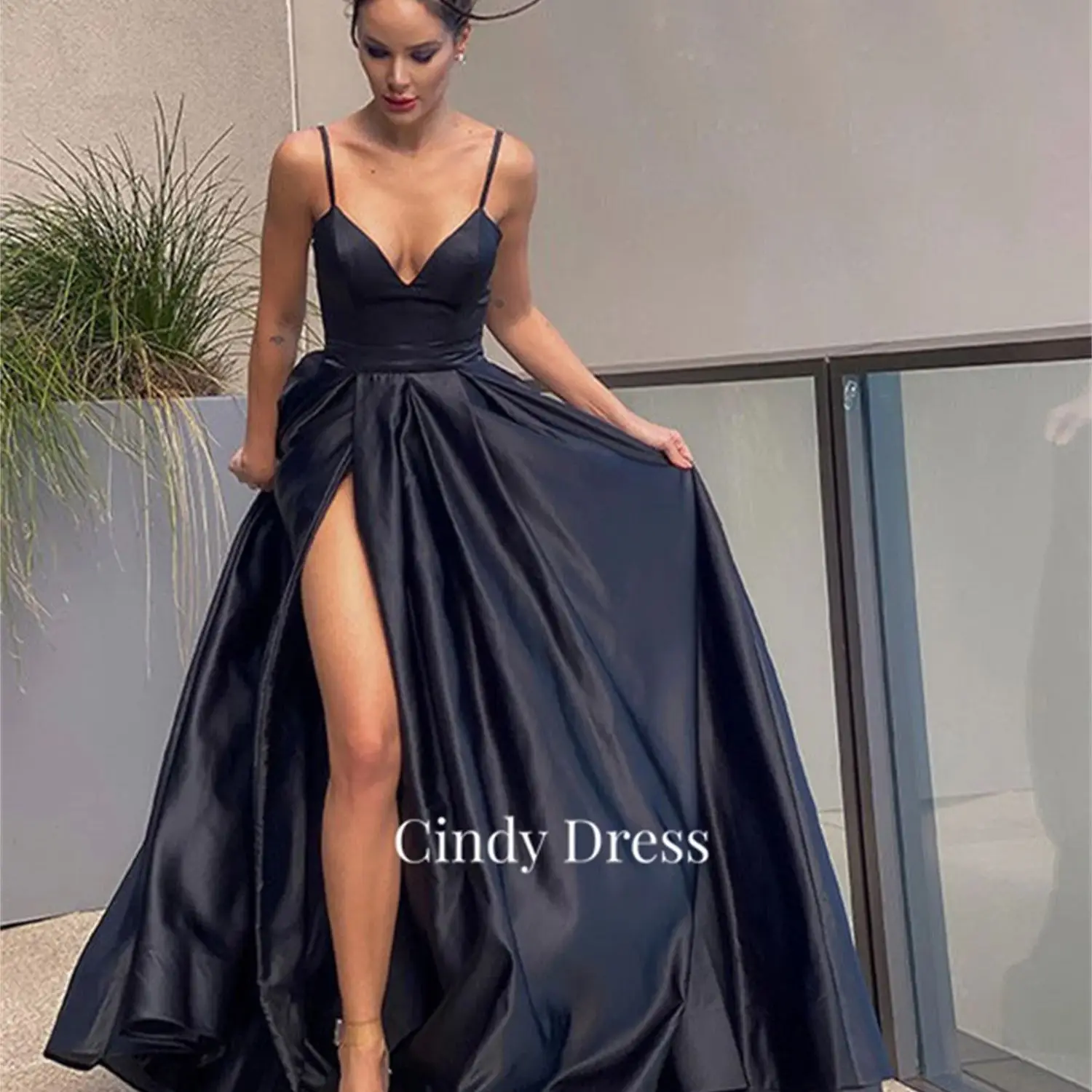 

Cindy Satin V-neck Sexy Black Suitable Dresses on Request Graduation Bride Party Dress for Wedding Gala 2023 Saudi Women Evening