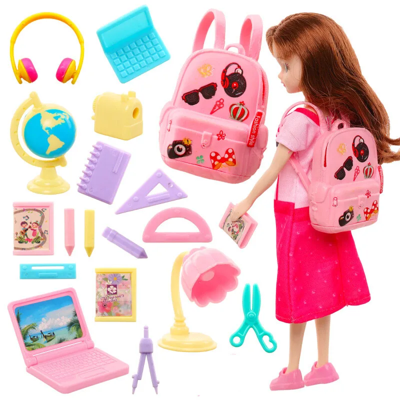 Moda 19 mobili per bambole attrezzature per la scuola Mini accessori per aula Set = 16 materiale scolastico + 1 sacchetto di scuola + 1 Computer + 1 cuffia