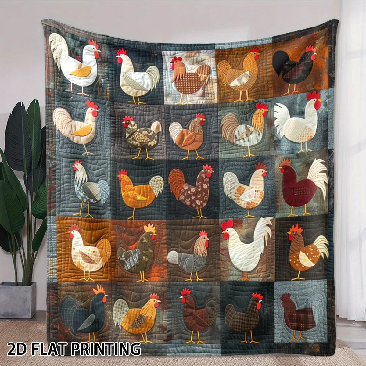 Country Cottage Chicken Patchwork Cozy Throw Blanket, Colorful Vintage Couch Bed Warm Wrap, All Season Decor Gift