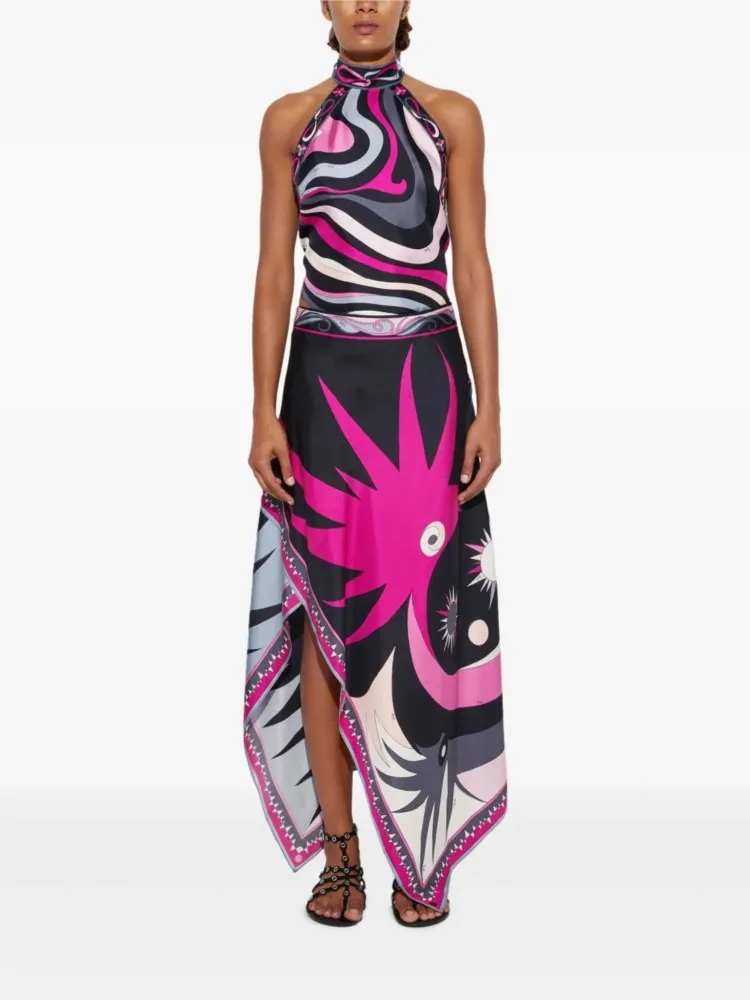 2025 جديد مطبوعة الساتان الرسن الرقبة عارية الذراعين تنورة غير النظامية قطعتين مجموعة عصرية عادية أكمام تنورة علوية مجموعة الإناث #3