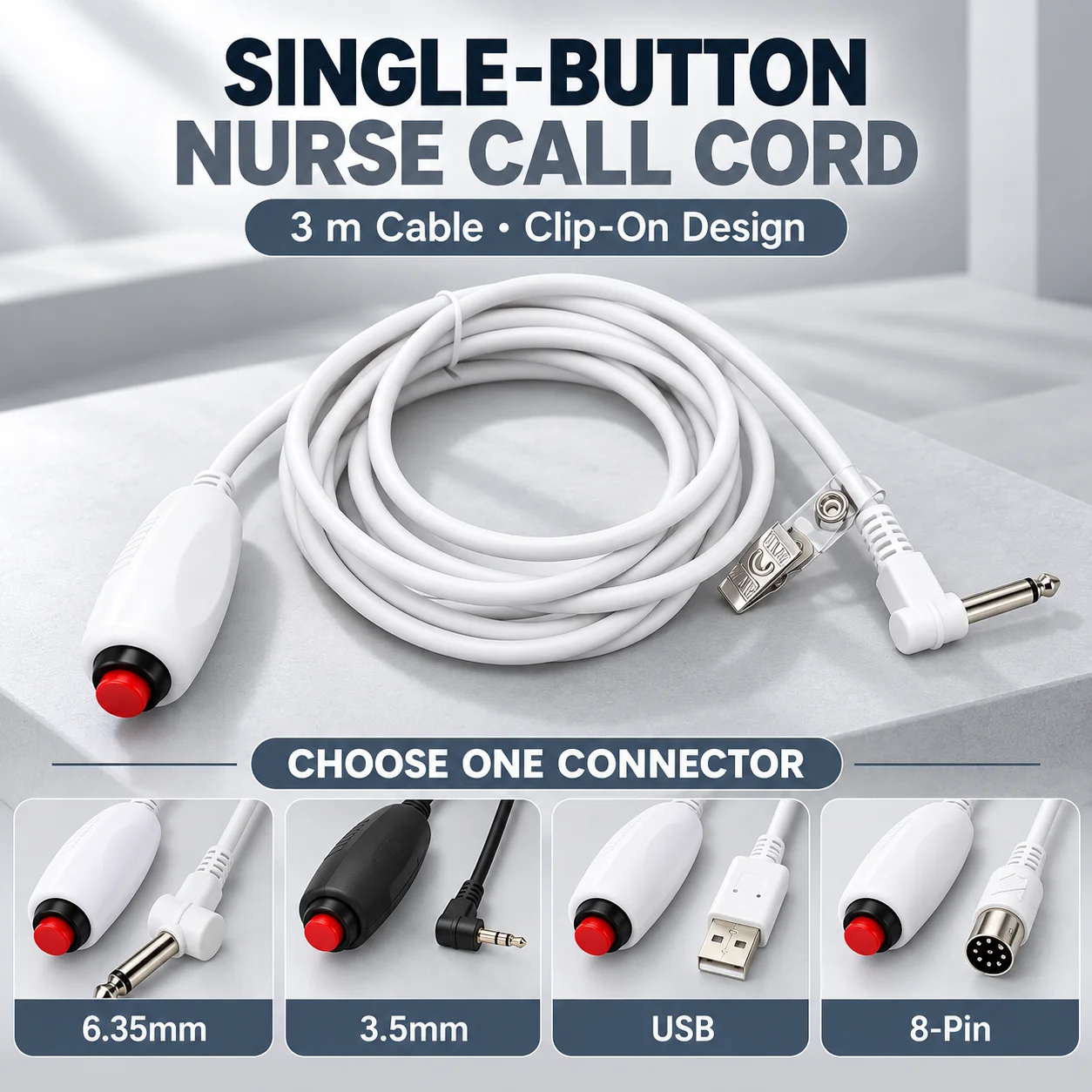 9.8ft Nurse Call Cord with Clip 6.35mm, 3.5mm, USB, 8pin Interface Button Line Push Button Replacement Cord for Nurse Station
