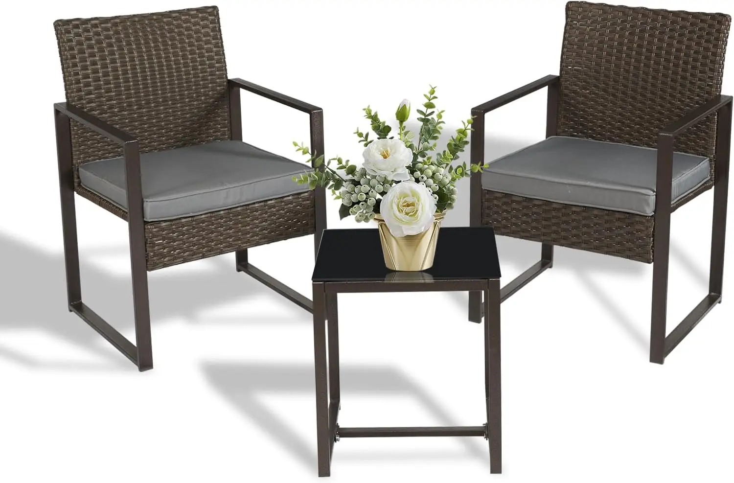 Outdoor Wicker Bistro Set, Rattan Chair Combination Sets com Coffee Table, Mobília do pátio para varanda e varanda, 3 pcs