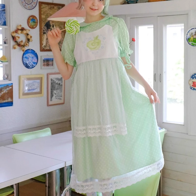 2025 New Spring And Summer Women's Fake Two-piece Long Dress Cute Doll Collar Green Polka Dot Japanese Sweet Thin Ladies Dresses