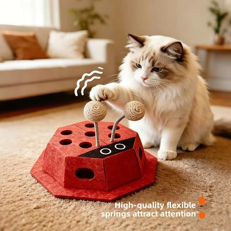 Ladybug Cat Toy Box Whack-a-Mole Puzzle with Spring Sisal Balls Interactive Felt Cat Teaser Toy for Indoor Cats Boredom Relief