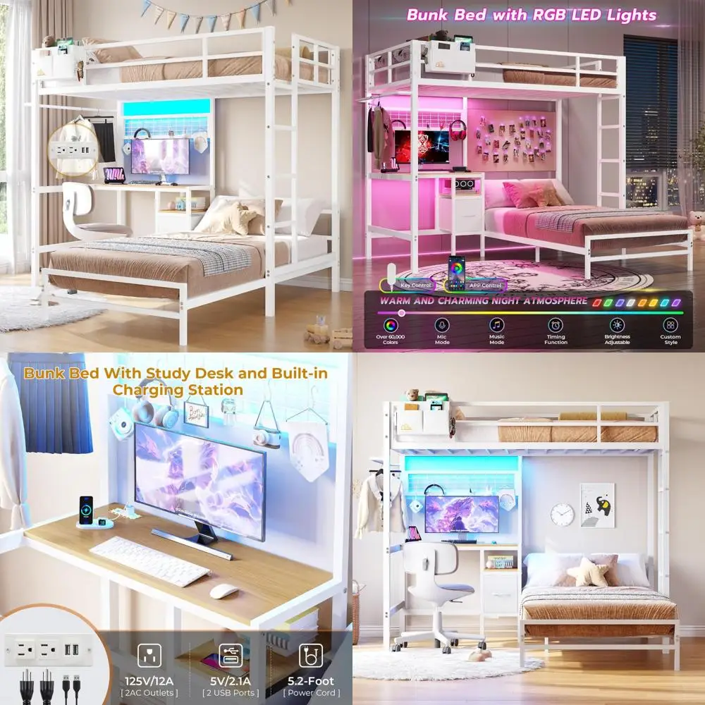 سرير مزدوج بطابقين معدني مع مكتب، ومحطة شحن، وأضواء LED، وأرفف تخزين، وأدراج #1