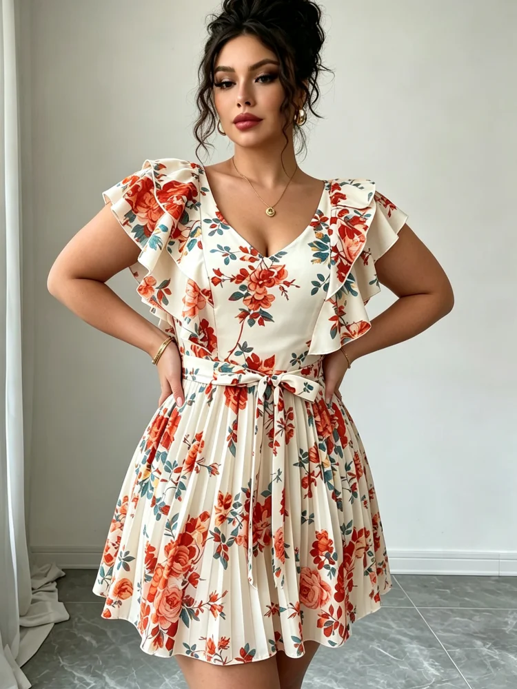 Plus Size Women's Printed Mini Dress with V-neck Ruffled Sleeves Waistband, Short Skirt, Casual Summer Beach Holiday Skirt