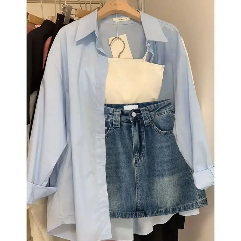 

Summer Suit Female 2023 New Women's Korean Version of The Halter Vest Versus Shirt Denim Skirt Three-piece Set