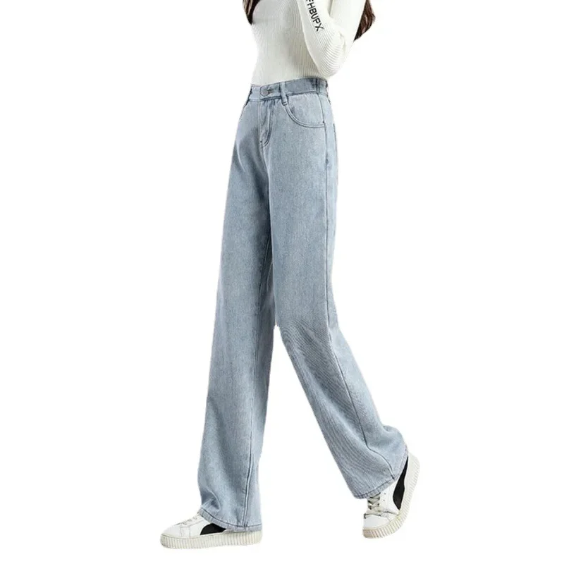 Verdickte, hoch taillierte, lässige Jeans mit weitem Bein, Damen-Jeans mit Fleece-Futter, warme Oberbekleidung, lockere Passform, gerade Bein-Denim-Hose für den Winter