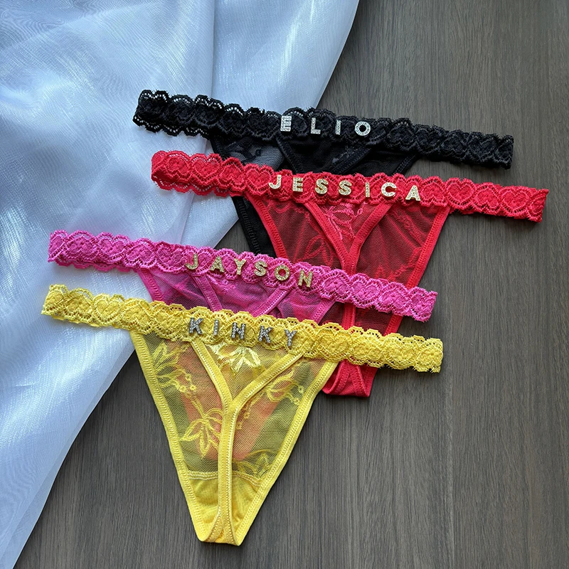 Custom Name Crystal Letter Thong Lace Bikini Panties Personality G-String Low Waist Briefs Sexy Body Jewelry For Lovers Gifts