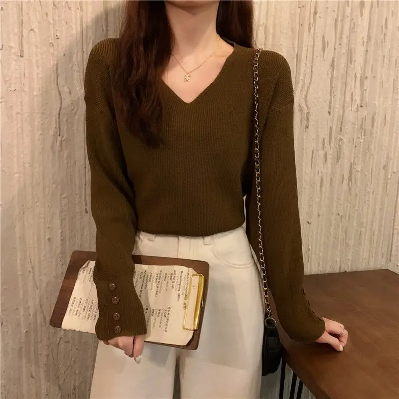 

Корейский осенне-зимний пуловер, женский свободный универсальный пуловер с v-образным вырезом и длинными рукавами, вязаный свитер