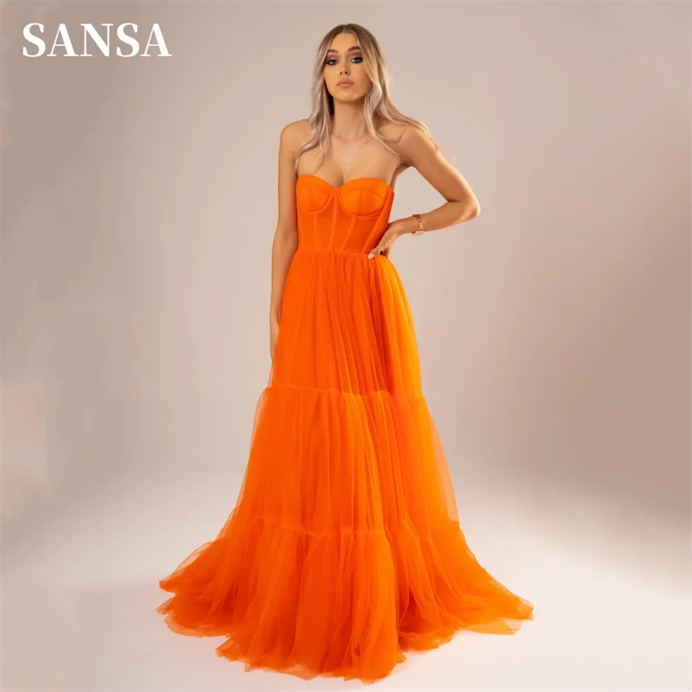 

Sansa Sexy Sleeveless Corset Tulle Prom Dresses Orange Multilayer Vestidos De Noche Strapless A-line فساتين السهرة