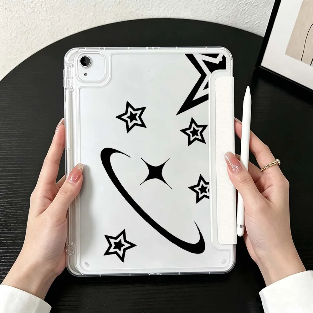 Cartoon Moon Star Pattern For iPad Mini Pro Air 5 6 7 8 9 10th 11th 11 9.7 10.9 13 inch Transparent Y-Shaped Folding Tablet Case