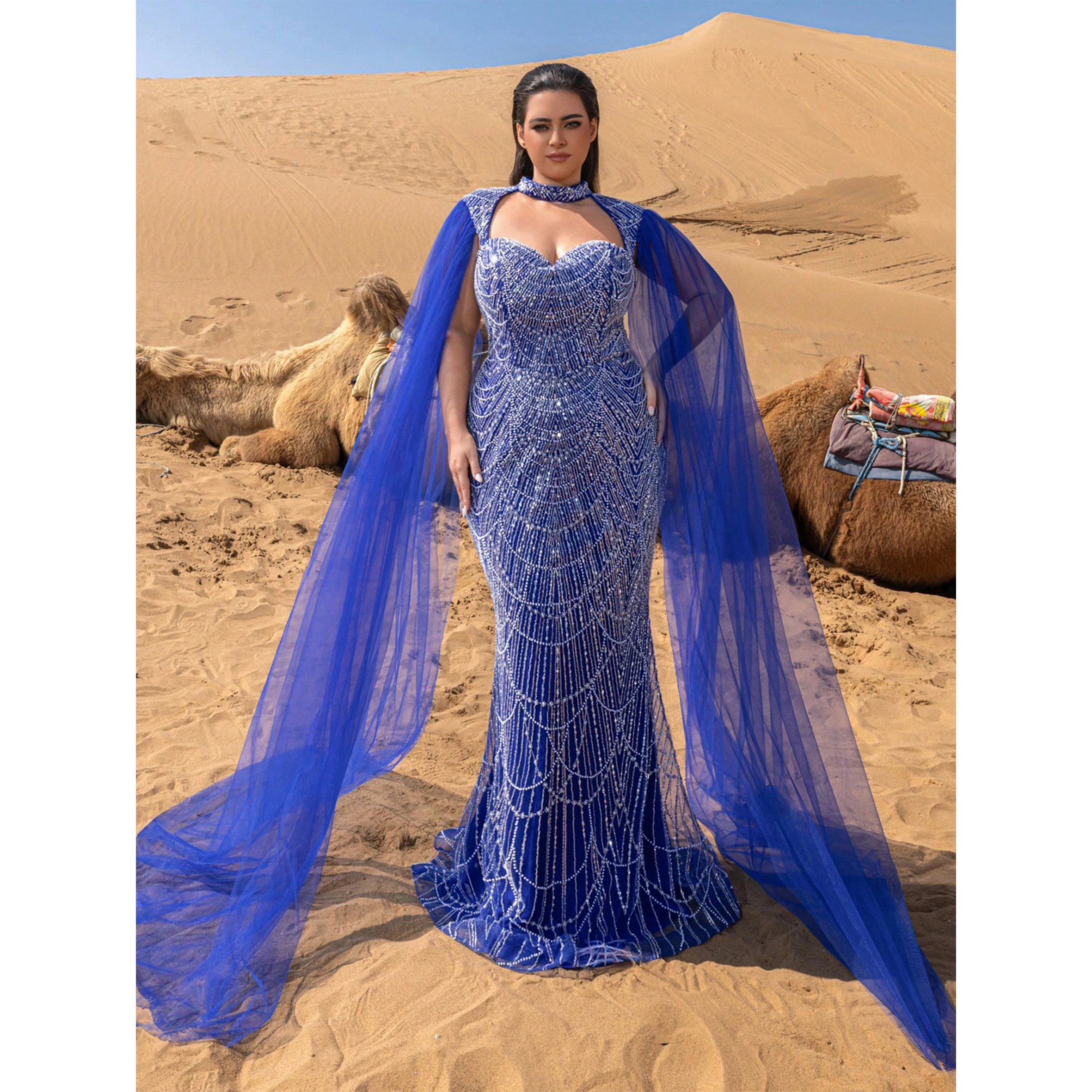 

Plus Choker Neck Backless Extra-Long Sleeves Beaded Formal Dresses & Evening Gowns Dress & Embellished Dress