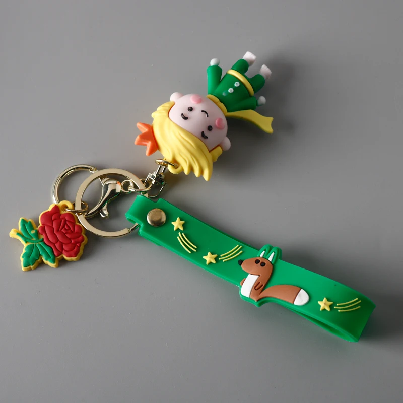 LLavero de Principito de dibujos animados, figura de Anime de goma 3D a la moda, colgante de flor rosa, joyería, regalo bonito para amigos