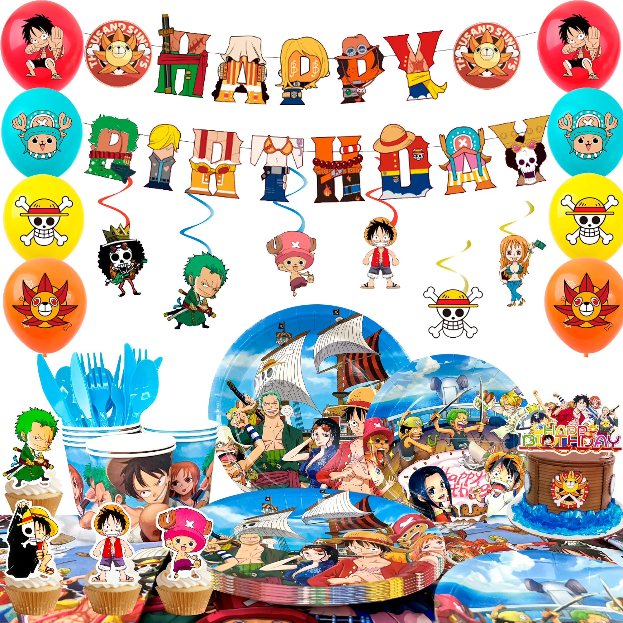 117 pièces de décorations et vaisselle One Piece - Bannière, ballons, décorations de gâteau, assiettes, etc. - Fournitures pour fête d'anniversaire One Piece