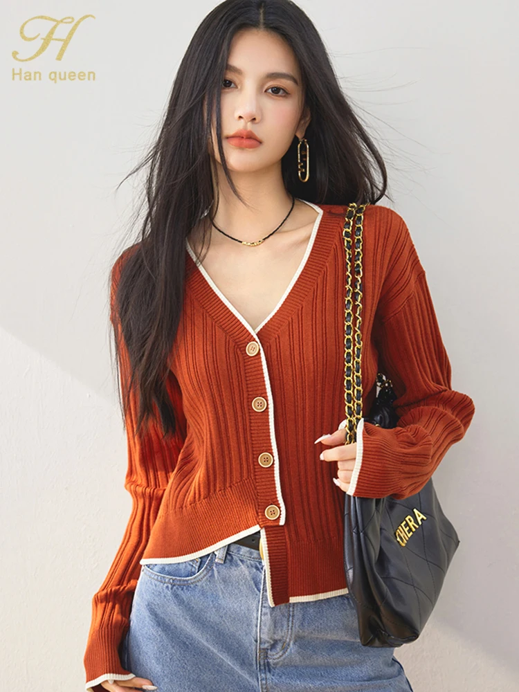 H Han Queen Korean V-Neck Knitted Cardigan Sweater For Women Casual Basic Long Sleeve Colorblocking Irregular Vintage Sweaters