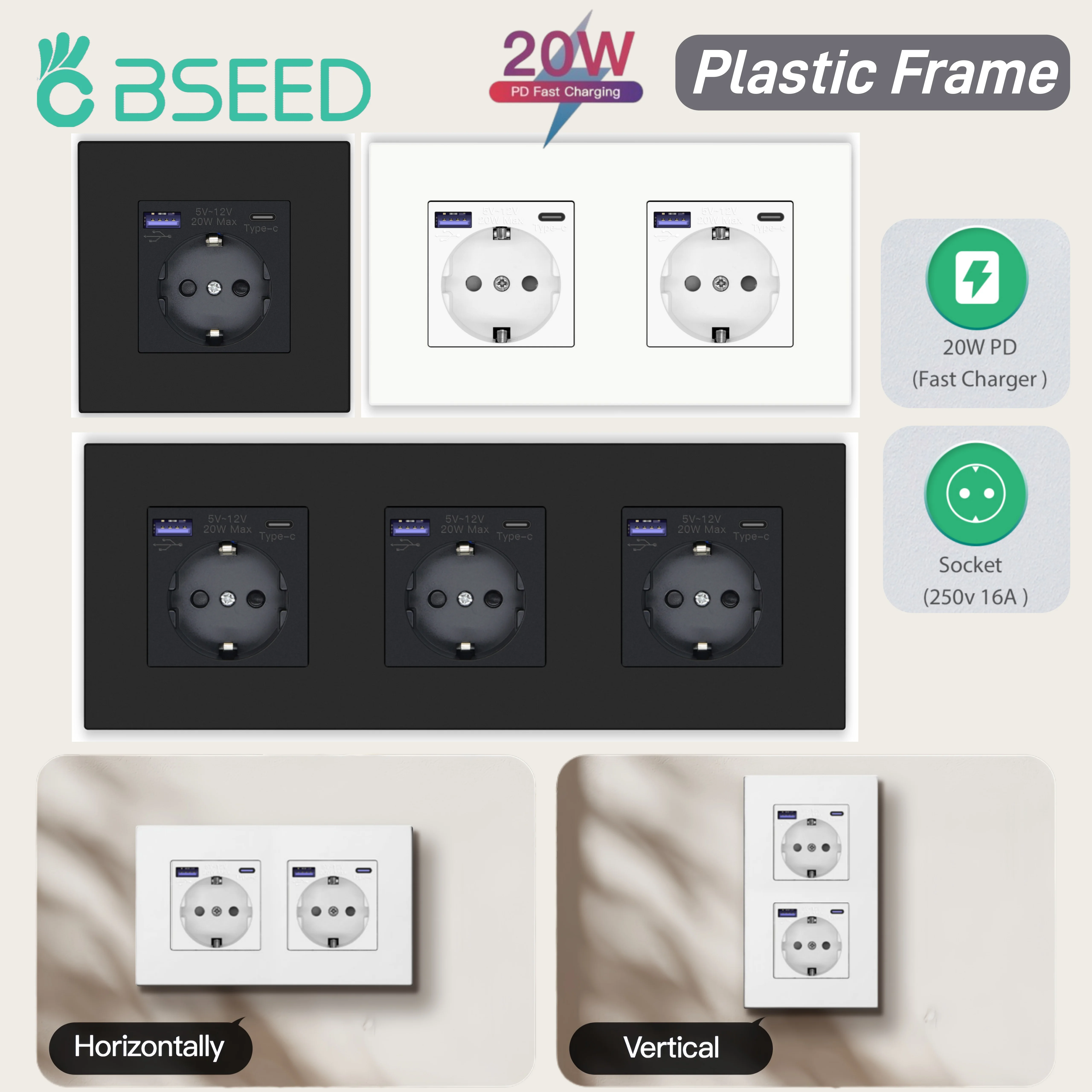 BSEED PC-Panel EU-Standard-Steckdose PD-Schnellladestecker mit USB-Schnittstelle 20W Typ-C-Telefonladegerät 5V-12V Kunststoffrahmen Einzel-, Doppel- und Dreifachsteckdose für Zuhause, Büro und