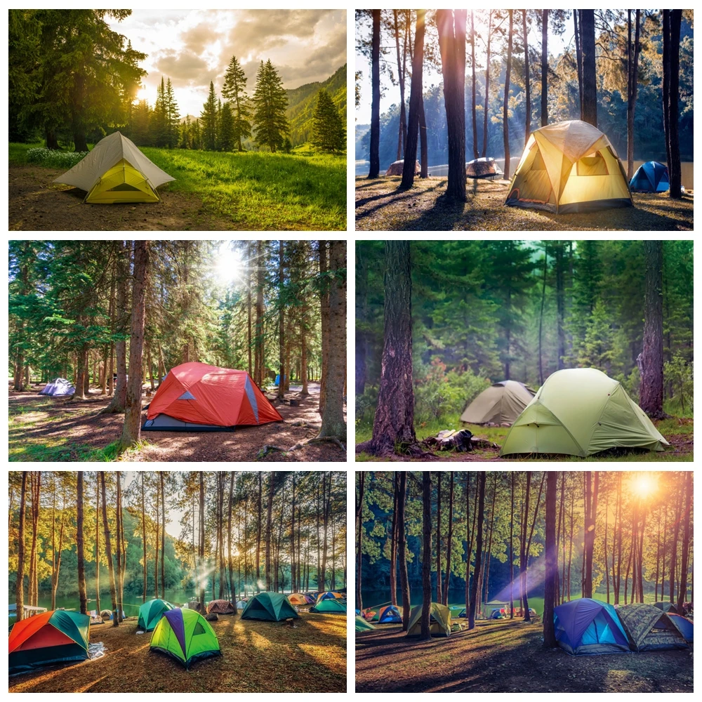 Camping Tent Forest Natural Landscape Backdrops Mountain Lake Aurora Scenery Baby Portrait Background for Photography Props